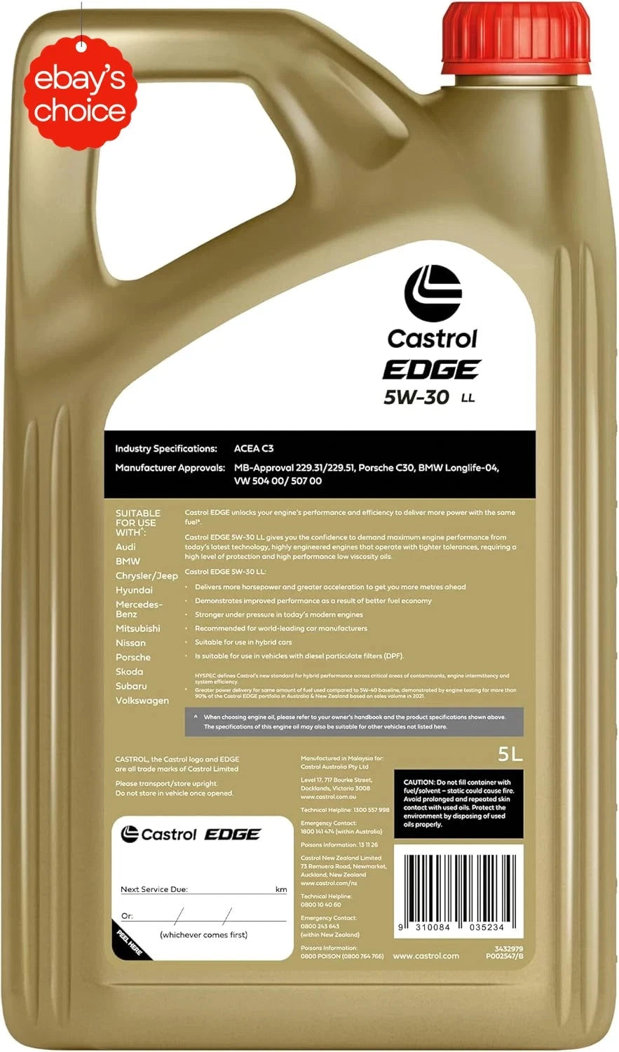 Castrol EDGE 5W-30 LL Fully Synthetic Long Life Engine Oil 5L