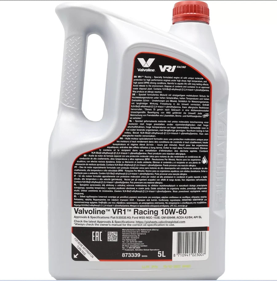 Valvoline VR1 Racing 10W-60 Premium Synthetic 10W60 Engine Oil 5 Litres 5L