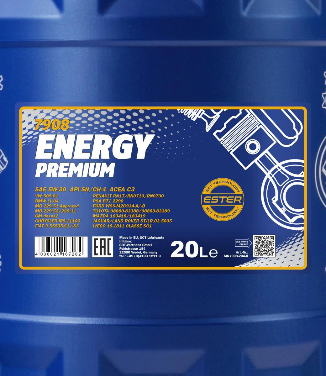 20 Litre MANNOL Energy Premium 5W-30 Engine Oil API SN/CH-4 ACEA C2 C3 GM dexos2
